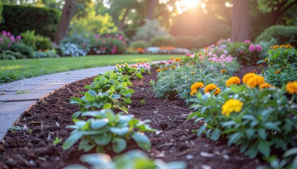 Lush Garden Pathway Lined With Vibrant Flowers Bathed in Golden Hour Sunlight