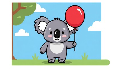 Naklejka premium Cute Koala Cartoon Holding Red Balloon Illustration