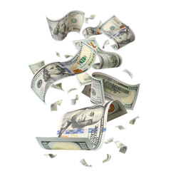 Flying hundred dollar bills, isolated on transparent cutout background