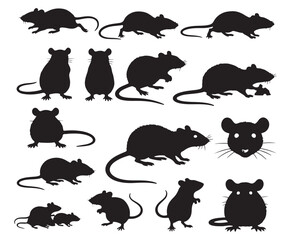 Collection of Silhouettes of Rats in Various Poses and Angles, Showcasing Different Body Types and Actions.