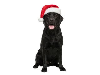 Cute Labrador Retriever dog sitting in Santa hat, isolated on transparent background, Christmas pet portrait