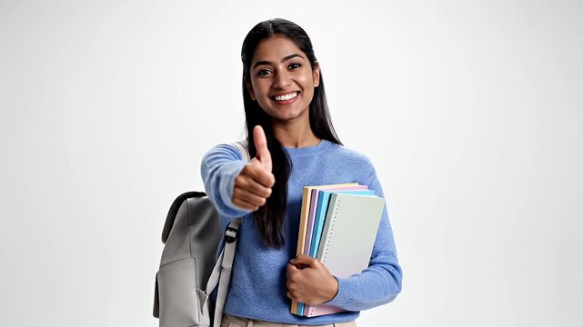 Happy student with backpack and books giving thumbs up gesture.