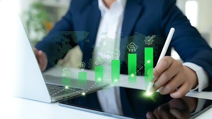 A business professional analyzes digital financial data, visualizing growth trends with advanced technology.