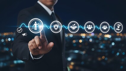 A visionary entrepreneur navigates a complex network of digital icons, forging connections and strategies.