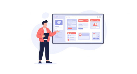 Young Man Presenting Social Media Dashboard on Large Screen