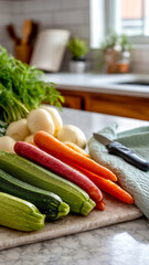 Freshly harvested vegetables - zucchini, carrots, and onions-arranged neatly on a marble surface with a towel and knife nearby.