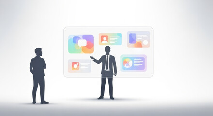 Business Presentation of Digital Interface on Large Screen with Two Silhouetted Professionals