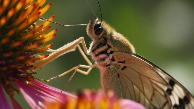 Close-up of a butterfly with extended proboscis feeding on a flower