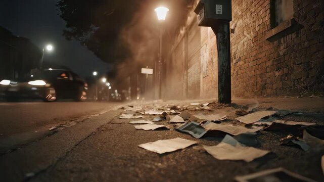 This atmospheric video depicts a dimly lit street scattered with abandoned photographs. The soft glow of streetlights illuminates the debris, creating a haunting yet beautiful representation of forgot