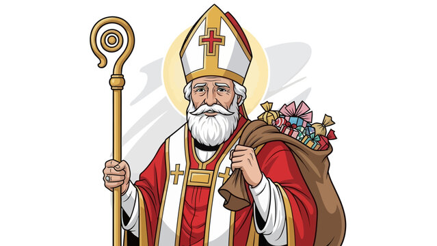 Cartoon Saint Nicholas with bishops mitre, golden crozier, and sack of colorful gifts.