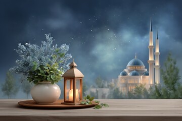 Night view of a mosque with a lantern and a flower vase on a wooden table during a clear evening sky