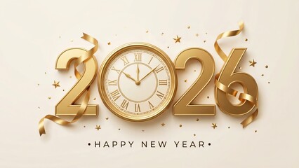 Golden 2026 numbers with a classic clock and festive ribbons New Year celebration