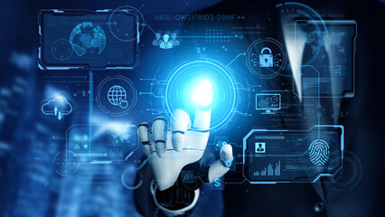 An AI assistant operates a futuristic command center, managing a global technology platform. The system provides intelligent data security and network administration. Fermion