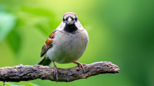Curious sparrow perched on branch turns its head in soft green bokeh, calm backyard wildlife moment