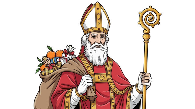 Traditional Saint Nicholas illustration with miter, crozier, and gift sack.