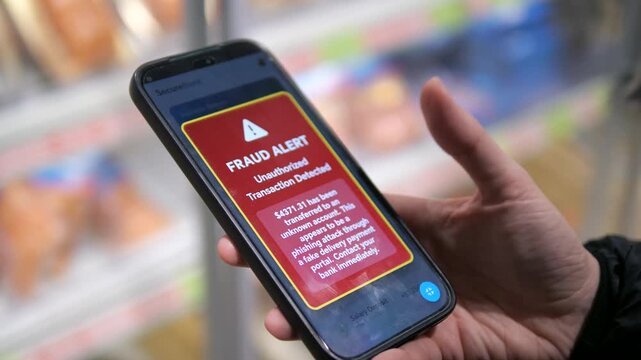 Dramatic closeup in a retail setting where a person receives a shocking smartphone notification warning of a fraudulent transaction and money withdrawal. This video is powerful for content about the