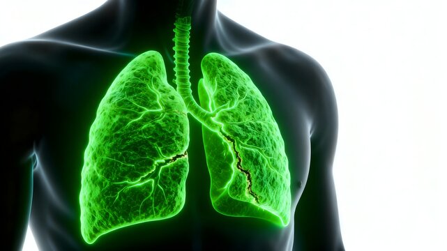 Pulmonary fibrosis visualization showing lung scarring for interstitial lung disease education.