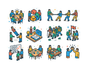 Team Building Icons. Team building activities. Colorful isometri
