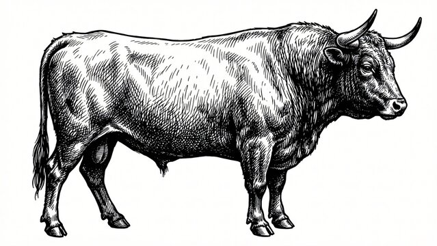 Detailed black and white sketch of a strong bull with curved horns and textured fur standing on a plain background