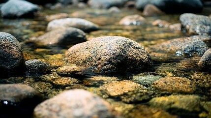 Obraz premium osmium. Smooth, rounded river stones resting on a riverbed, polished by water, with soft aquatic lighting. travel magazines, destination branding, designed for outdoor magazines and nature guides.