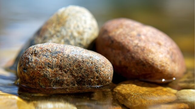 osmium. Smooth, rounded river stones resting on a riverbed, polished by water, with soft aquatic lighting. travel magazines, destination branding, designed for outdoor magazines and nature guides.