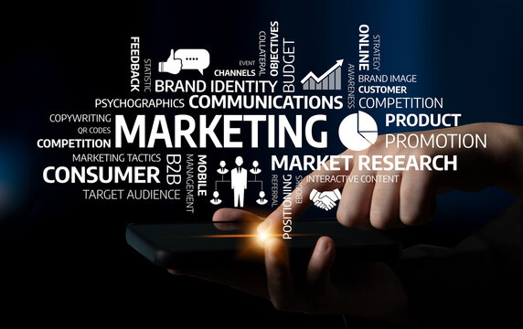 This image illustrates the key elements of marketing strategy, showcasing digital tools and concepts for effective promotion and consumer engagement in competitive markets. Tessel