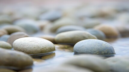 osmium. Smooth, rounded river stones resting on a riverbed, polished by water, with soft aquatic lighting. travel magazines, destination branding, designed for outdoor magazines and nature guides.