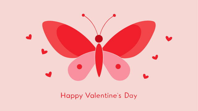 A charming and colorful vector illustration of a butterfly in shades of red and pink for a Happy Valentine's Day greeting card