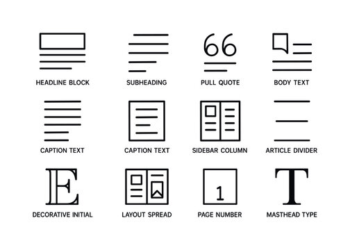Magazine Icon Typography. Magazine typography. Line icon set of