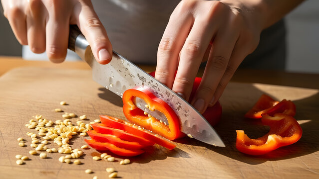 Slicing red bell pepper on wooden cutting board - Powered by Adobe