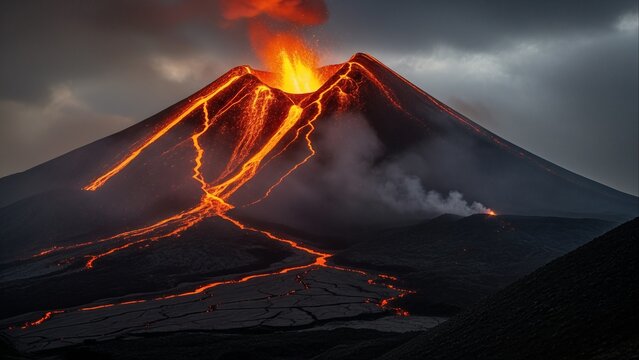 Erupting Volcano Lava Flow Night View