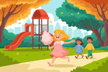Children joyfully play in a vibrant autumn park, filled with playful colors, a playground, and a warm atmosphere, capturing the essence of childhood happiness.