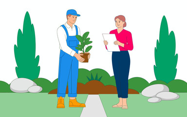 In this charming image, a gardener in overalls presents a beautiful potted plant to a delighted customer, showcasing a pleasant garden setting filled with greenery.
