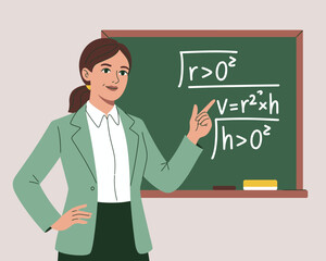 A confident teacher illustrates the formula for volume on a chalkboard, engaging students in a mathematics lesson with clarity and enthusiasm in a classroom setting.