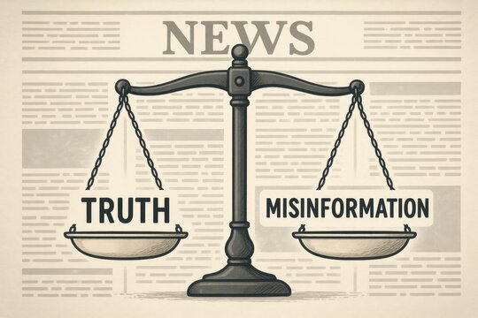The balance of truth and misinformation on news media scales, representing fake news. truth.