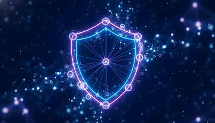 Glowing Neon Cyber Security Shield on Dark Blue Digital Network Data Background