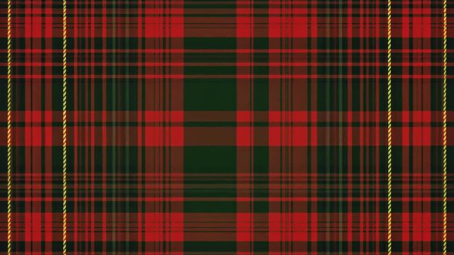 Close-up view of a traditional Scottish tartan pattern featuring a vibrant red and deep green checkered design with subtle yellow pinstripes.