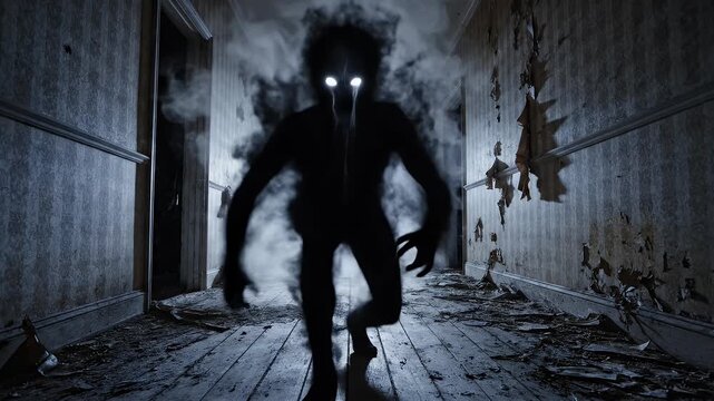 Creepy figure emerges from the darkness of a haunted hallway, a terrifying vision.