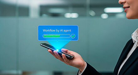 A professional businesswoman uses an AI mobile app for the concept of technology.