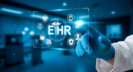 A doctor touching a EHR digital interface, health concept.