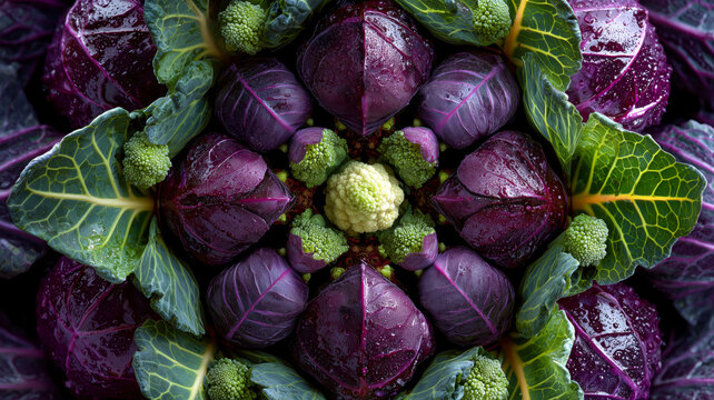 A colorful, symmetrical display of red cabbage and Romanesco broccoli creates a visually captivating arrangement. Fresh produce delight. - Powered by Adobe