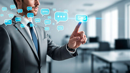 Obraz premium Business man interacting with SMS icon for the concept of text messaging.