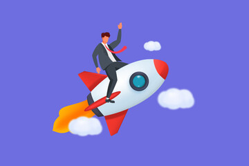 A businessman rides a rocket ship through a purple sky with white clouds, conveying a sense of business success and adventure.