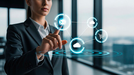 Businesswoman interacting with futuristic digital interface for the technology and business concept.