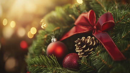 Christmas wreath decorated with red bow, ornaments, and pine cones for holiday decor