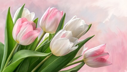 Fototapeta premium High-resolution watercolor painting of tulips. Blurred pastel pink background. Space available for text.