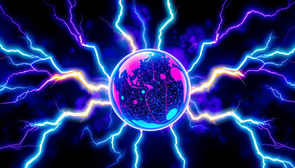 Futuristic gaming power-up orb surrounded by glowing electric lightning, neon blue and purple aura, isolated on dark background
