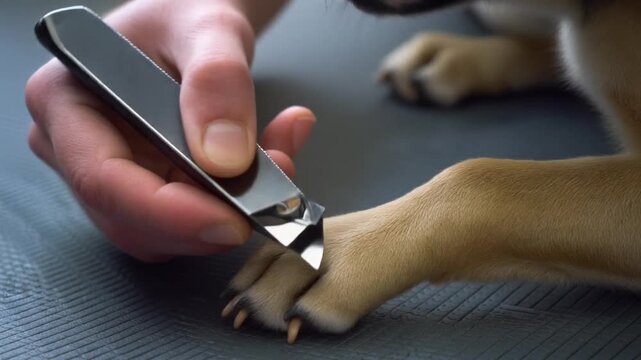Close-Up of Hand Clipping Dog's Nails. Pet Care & Self-Care Rituals. A person's hand carefully using unbranded nail clippers on the paw of a dog focusing on the precise careful action.
