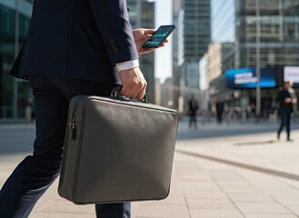 Man in Dark Suit Carrying Briefcase While Walking on City Street Holding Smartphone with Financial Data and Blurred City Buildings in Background
