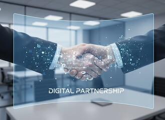 Two Businessmen Shaking Hands in a Modern Office Setting With Digital Data Overlays Symbolizing a Digital Partnership Agreement and Collaboration
